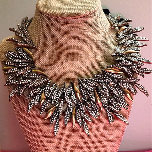 Statement necklace, lots of rhinestones, bronze Leaf, vintage sparkling - Picture 5 of 12